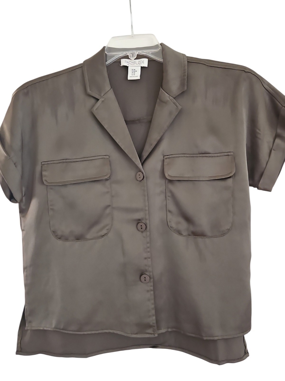 Rachel Zoe Satin Camp Shirt Size M Green Short Sleeves Button Up Pockets